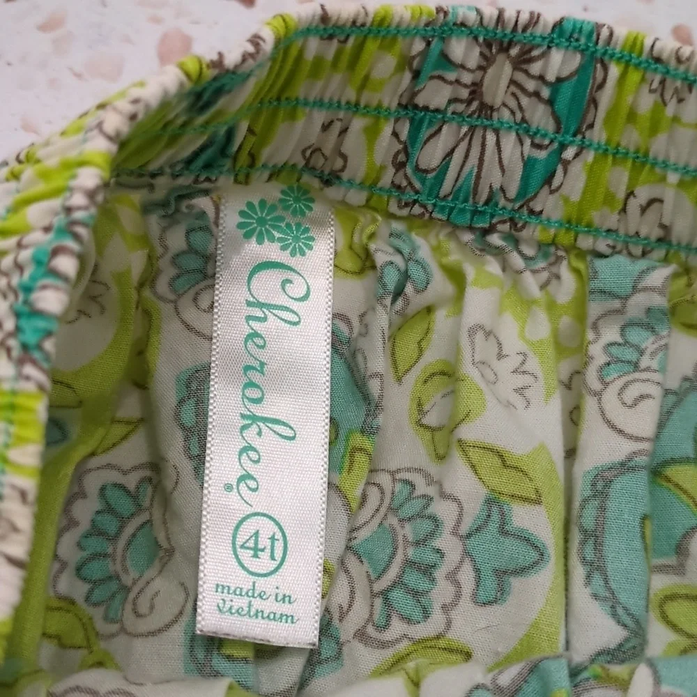 Cherokee | Turquoise and Lime Print Skirt with Baby Pom Trim | 4T